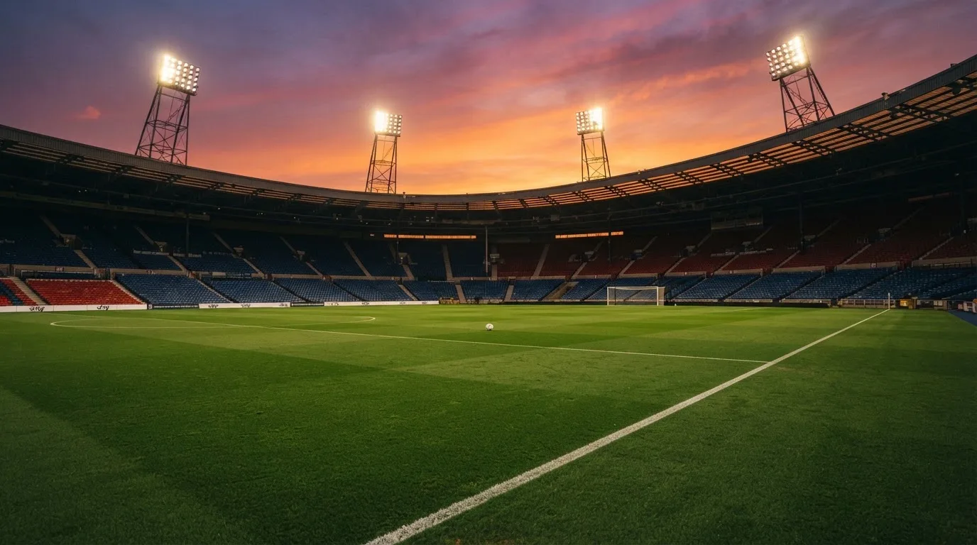 Un estadio de fútbol vacío con torres de iluminación al atardecer