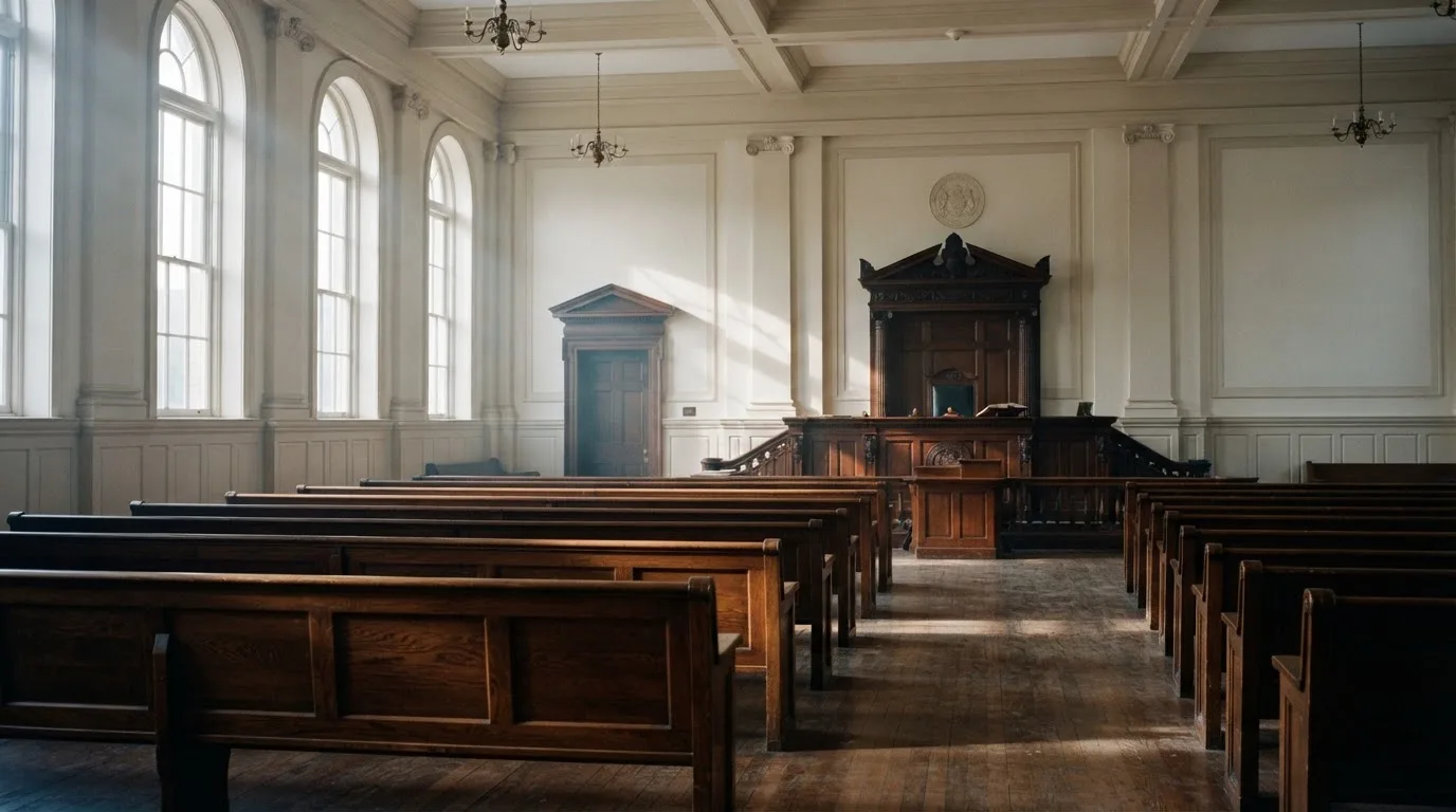 Una sala de tribunal vacía con bancos de madera a la luz de la mañana