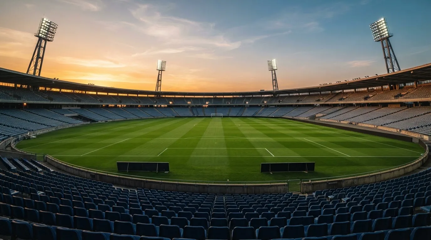 Un estadio de fútbol vacío con torres de iluminación al atardecer