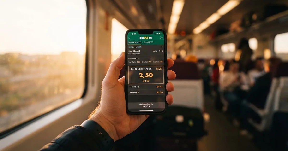 Una mano sostiene un móvil en el tren por la tarde, con la pantalla girada