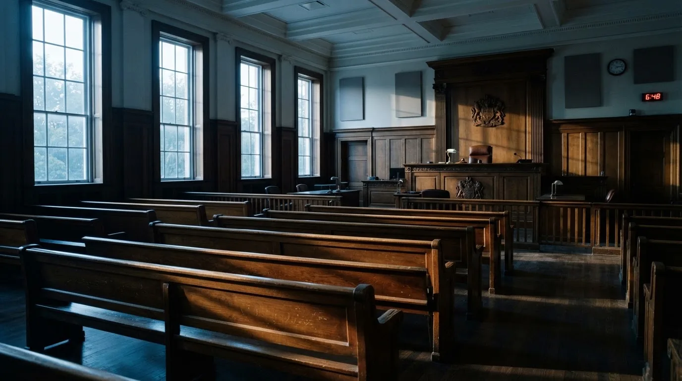 Una sala de tribunal vacía con bancos de madera a la luz de la mañana