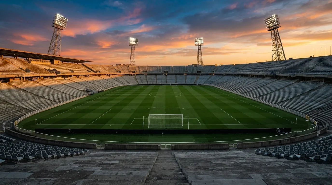 Un estadio de fútbol vacío con torres de iluminación al atardecer