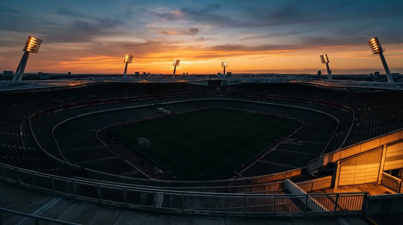 Un estadio de fútbol vacío con torres de iluminación al atardecer