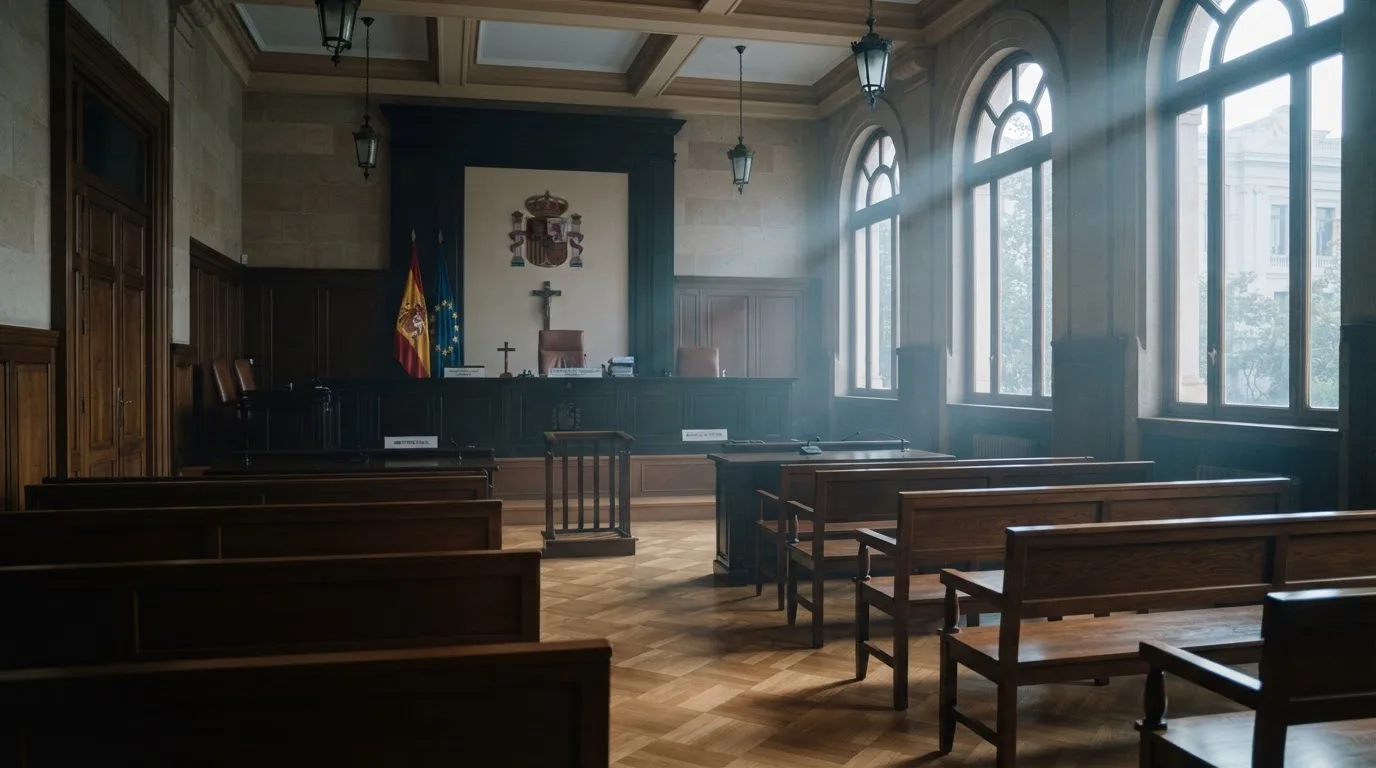 Una sala de tribunal vacía con bancos de madera a la luz de la mañana