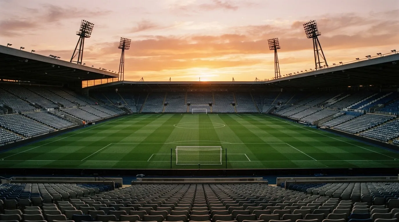 Un estadio de fútbol vacío con torres de iluminación al atardecer