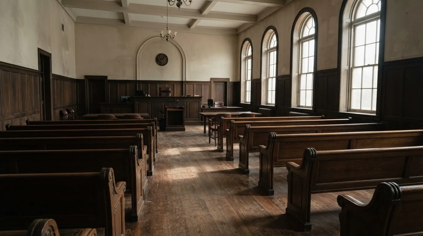 Una sala de tribunal vacía con bancos de madera a la luz de la mañana