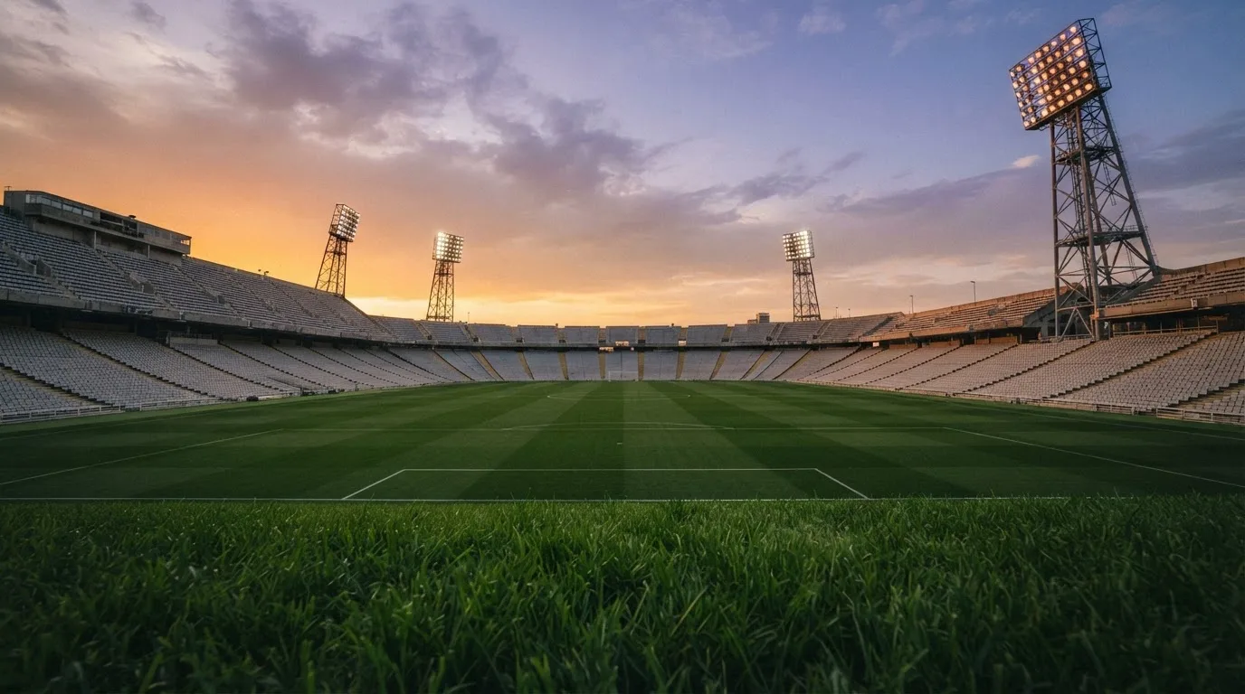 Un estadio de fútbol vacío con torres de iluminación al atardecer
