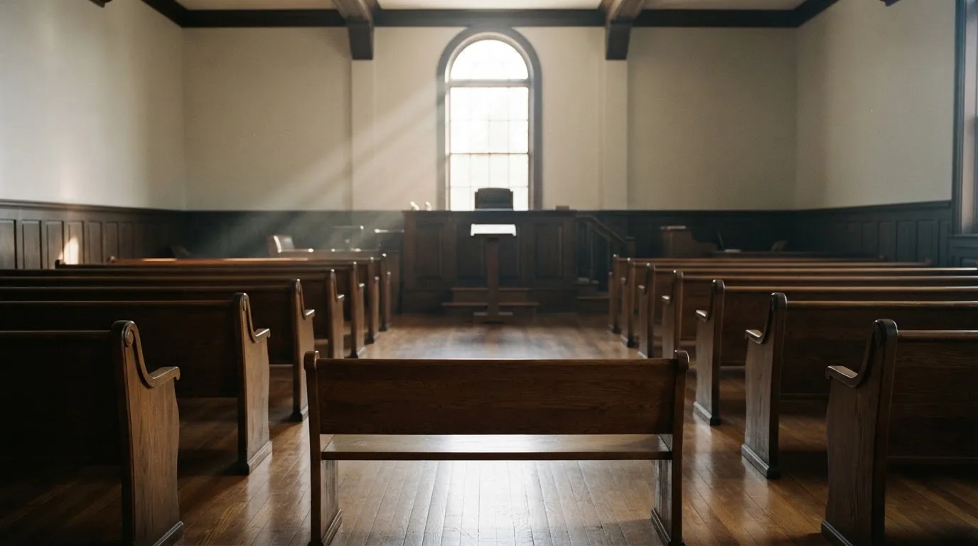 Una sala de tribunal vacía con bancos de madera a la luz de la mañana