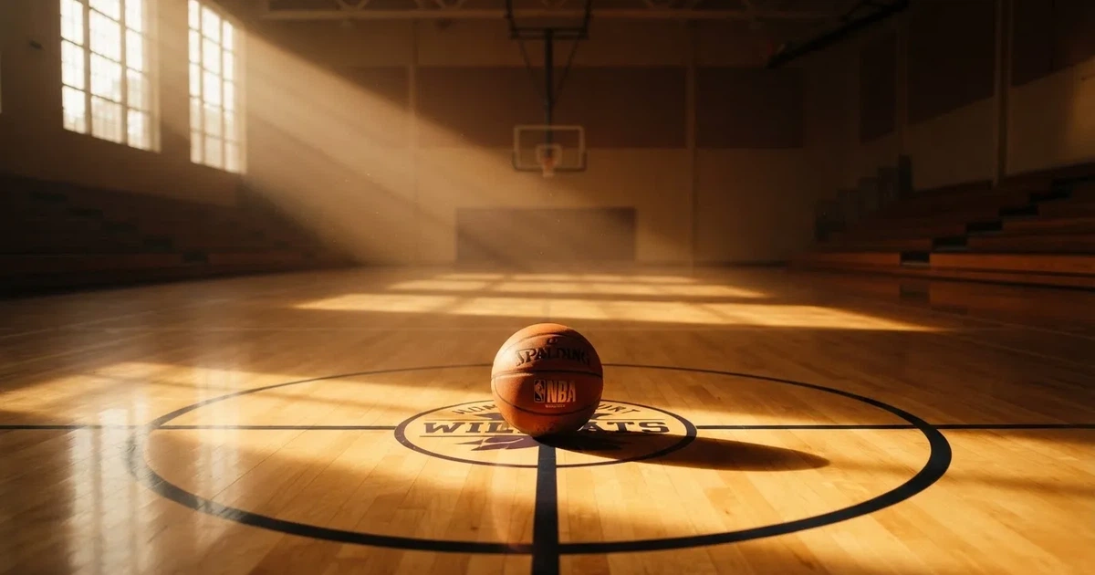 Un balón en el punto central de un campo de césped a la luz de la mañana