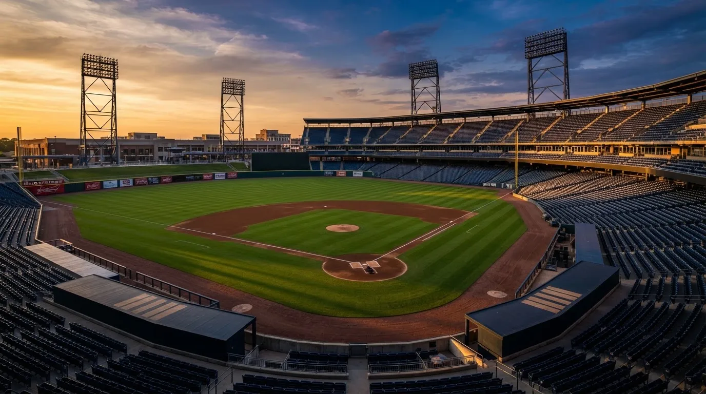 Un estadio de fútbol vacío con torres de iluminación al atardecer