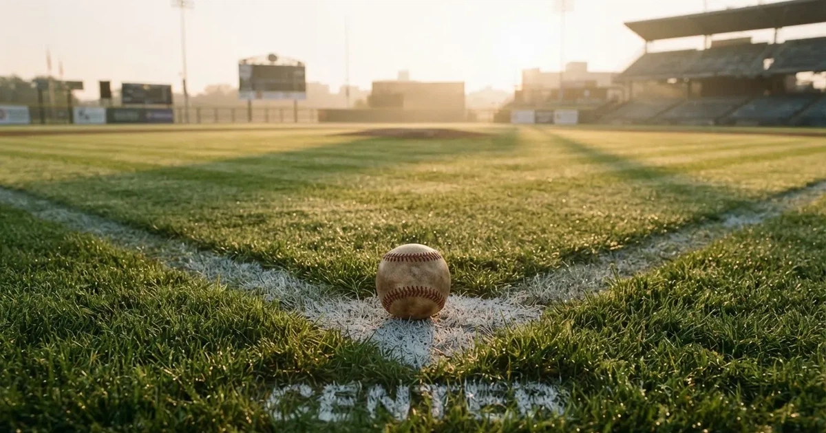 Un balón en el punto central de un campo de césped a la luz de la mañana