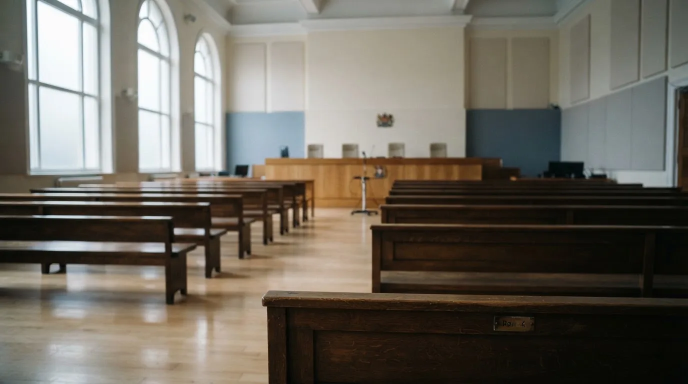Una sala de tribunal vacía con bancos de madera a la luz de la mañana