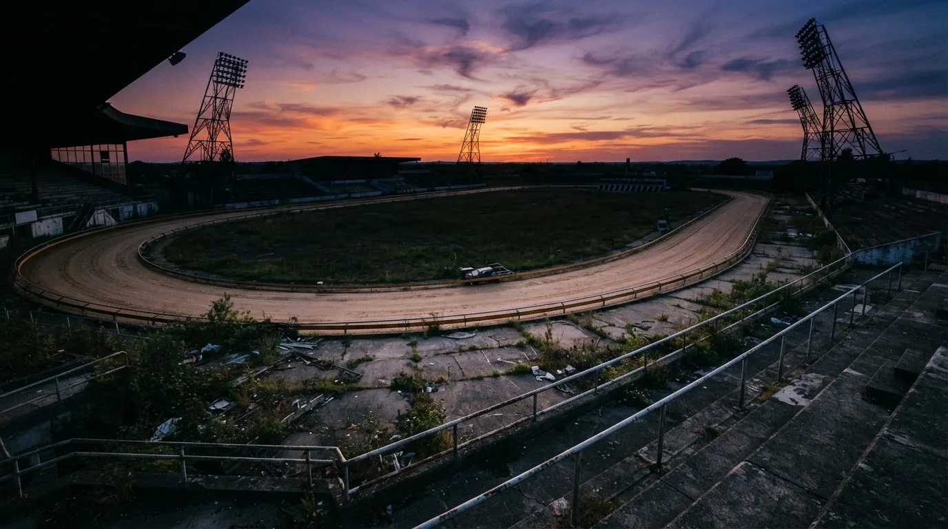 Un estadio de fútbol vacío con torres de iluminación al atardecer