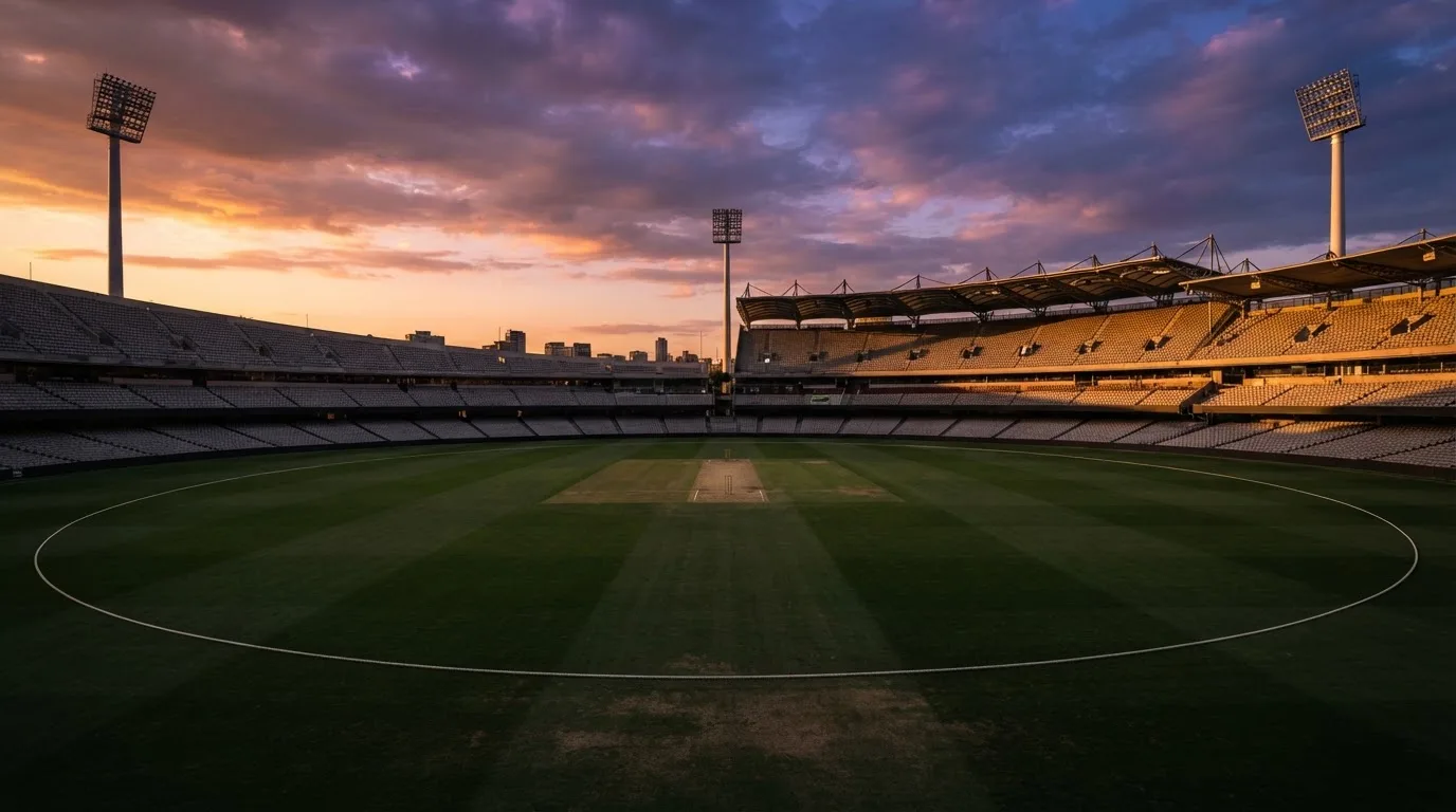 Un estadio de fútbol vacío con torres de iluminación al atardecer