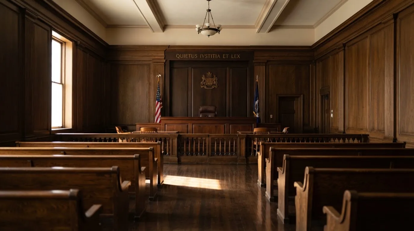 Una sala de tribunal vacía con bancos de madera a la luz de la mañana