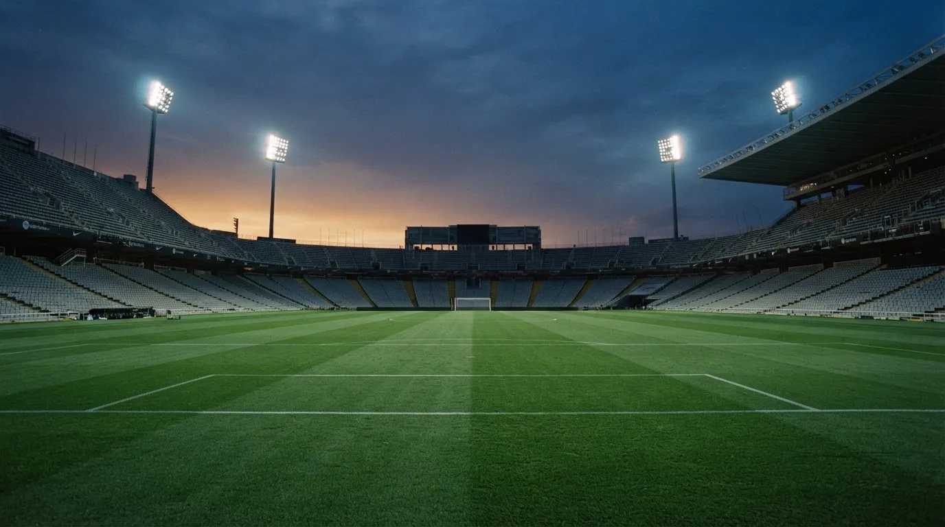 Un estadio de fútbol vacío con torres de iluminación al atardecer