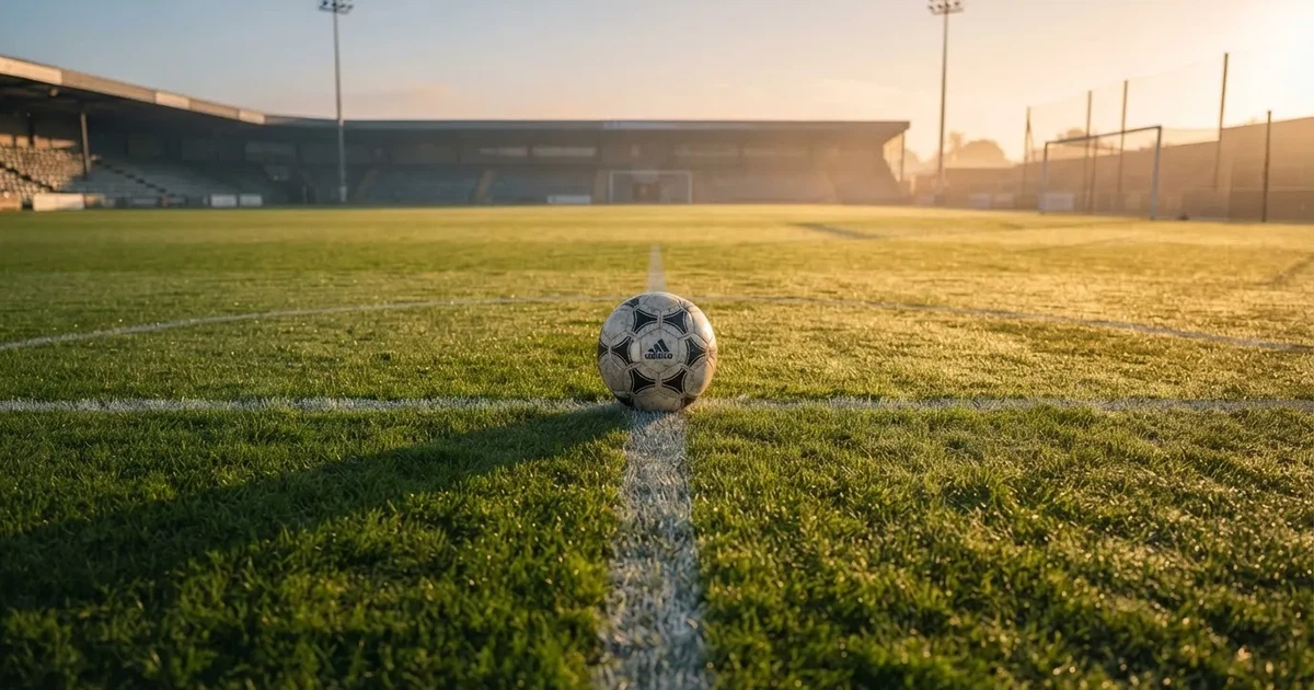 Un balón en el punto central de un campo de césped a la luz de la mañana