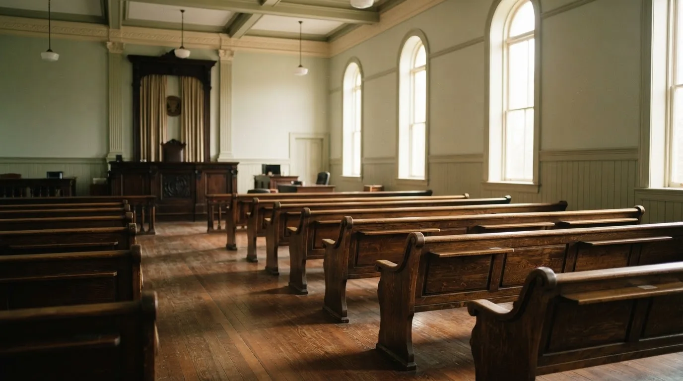 Una sala de tribunal vacía con bancos de madera a la luz de la mañana