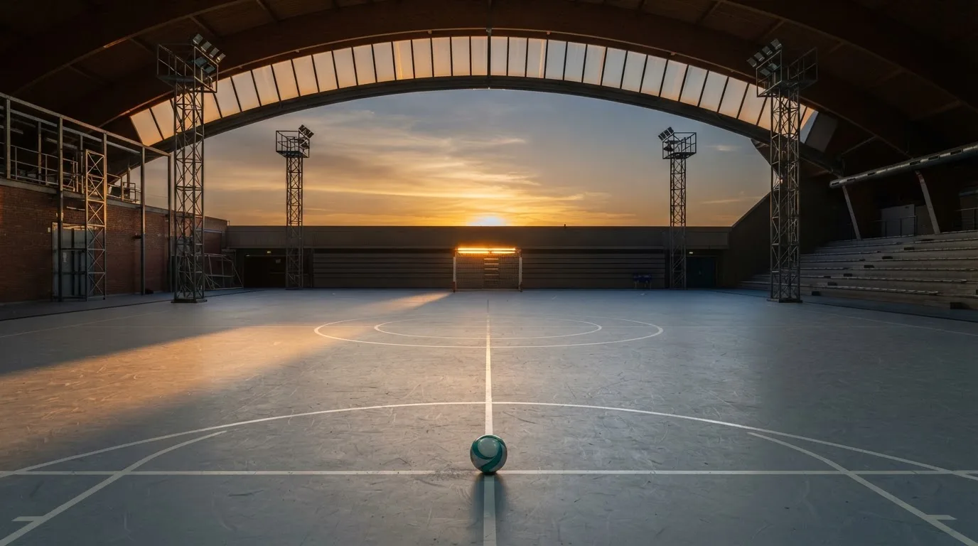 Un estadio de fútbol vacío con torres de iluminación al atardecer