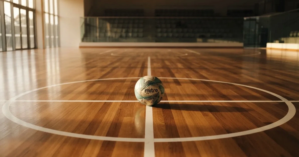 Un balón en el punto central de un campo de césped a la luz de la mañana