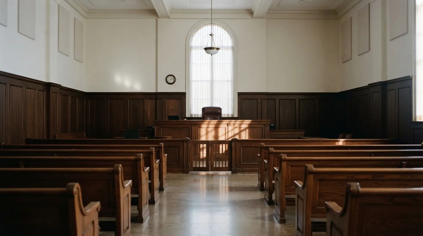 Una sala de tribunal vacía con bancos de madera a la luz de la mañana