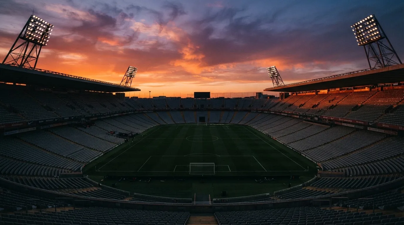 Un estadio de fútbol vacío con torres de iluminación al atardecer