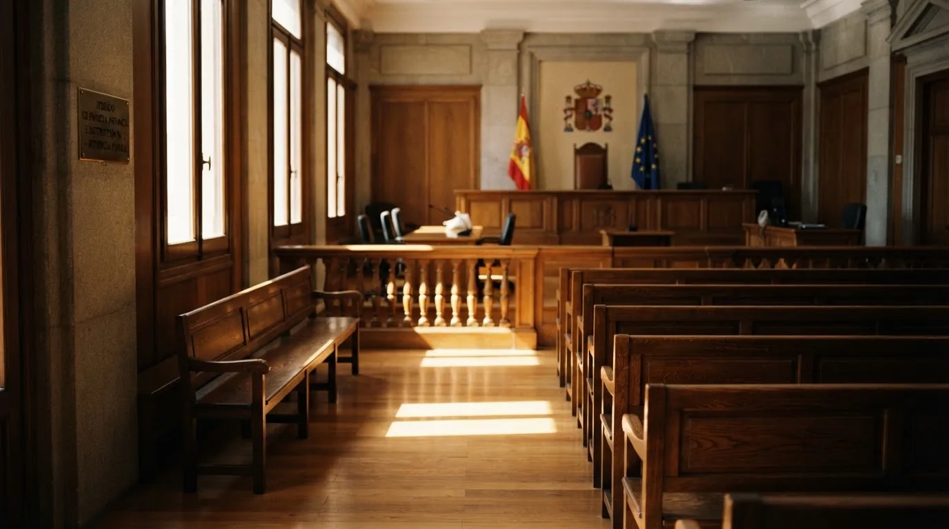 Una sala de tribunal vacía con bancos de madera a la luz de la mañana
