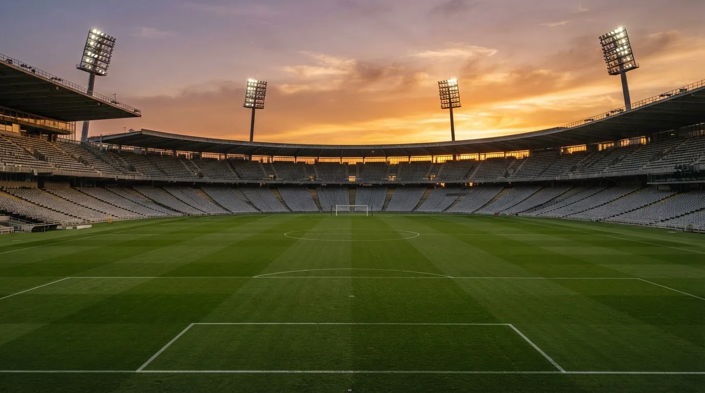 Un estadio de fútbol vacío con torres de iluminación al atardecer