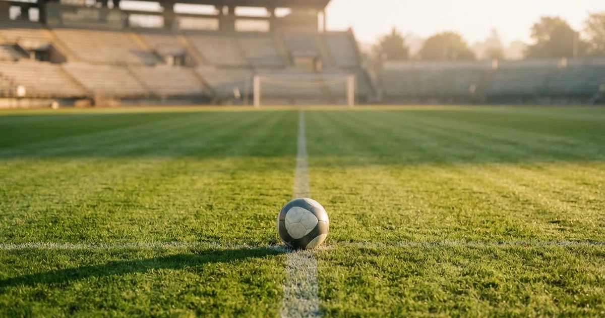 Un balón en el punto central de un campo de césped a la luz de la mañana