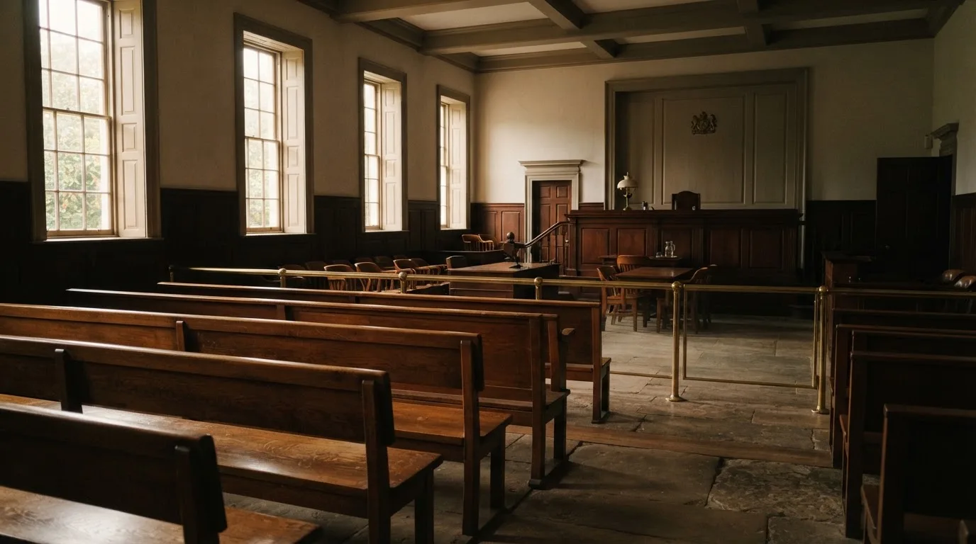 Una sala de tribunal vacía con bancos de madera a la luz de la mañana