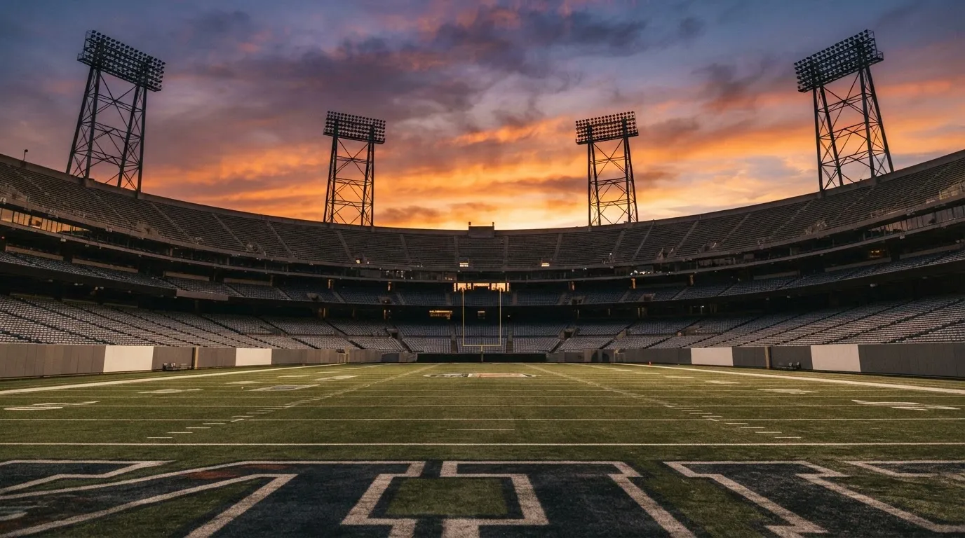 Un estadio de fútbol vacío con torres de iluminación al atardecer