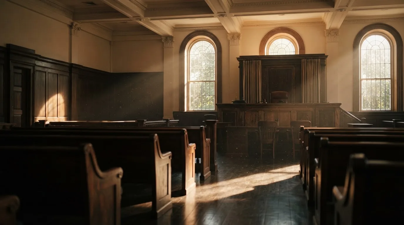 Una sala de tribunal vacía con bancos de madera a la luz de la mañana