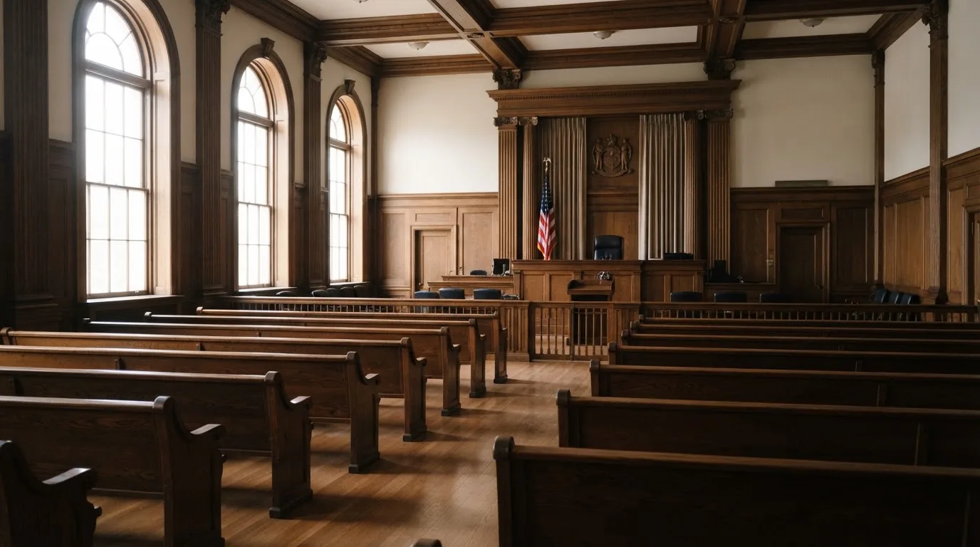 Una sala de tribunal vacía con bancos de madera a la luz de la mañana