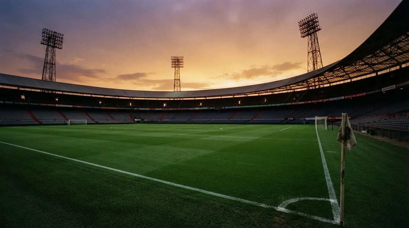 Un estadio de fútbol vacío con torres de iluminación al atardecer