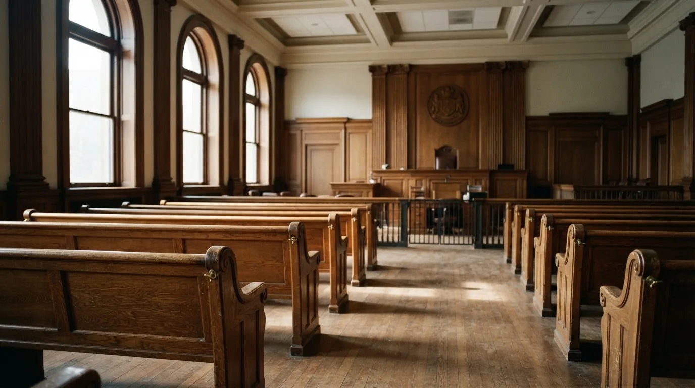 Una sala de tribunal vacía con bancos de madera a la luz de la mañana