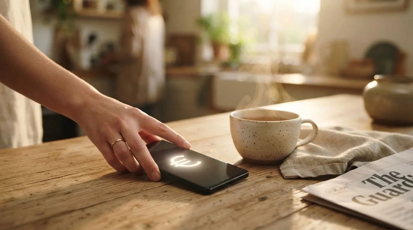 Una mano deja un móvil junto a una taza de té sobre la mesa de la cocina, una tarde tranquila