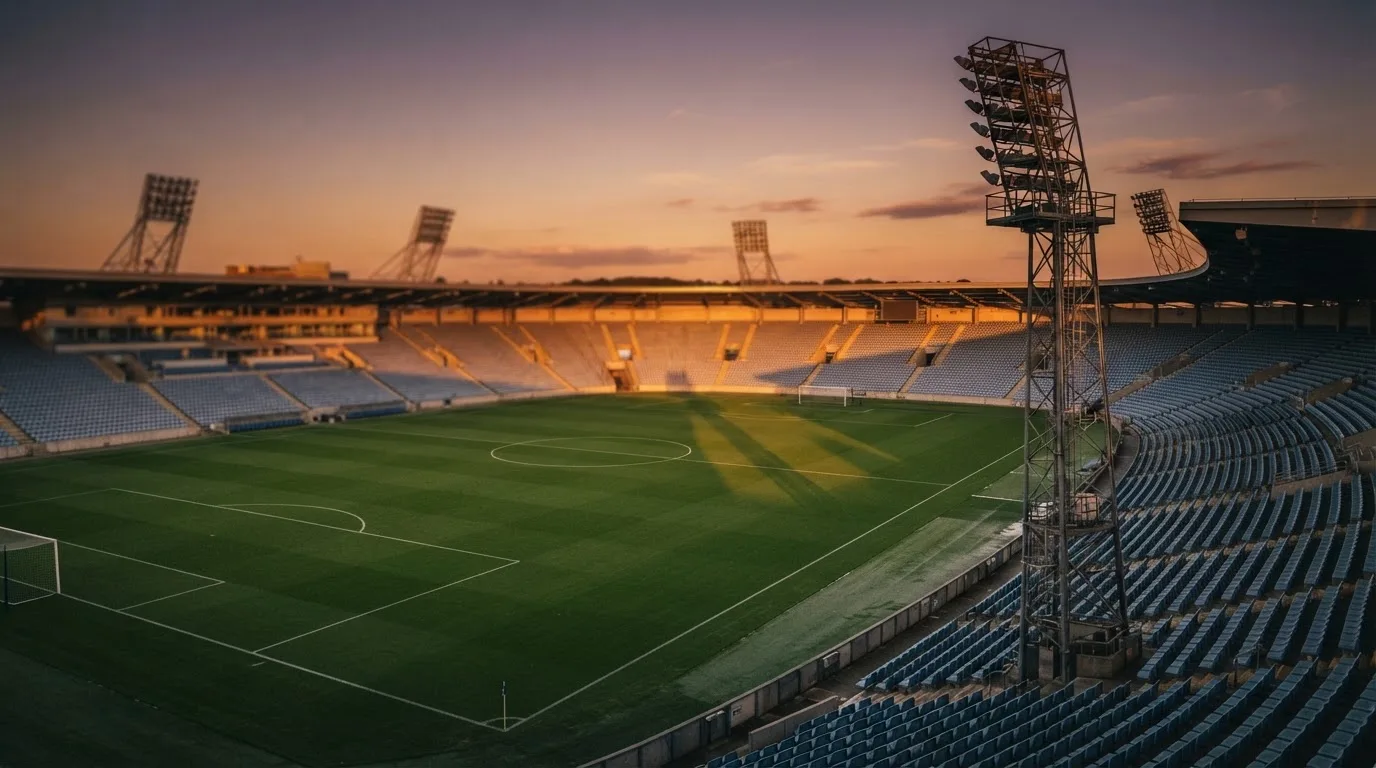 Un estadio de fútbol vacío con torres de iluminación al atardecer