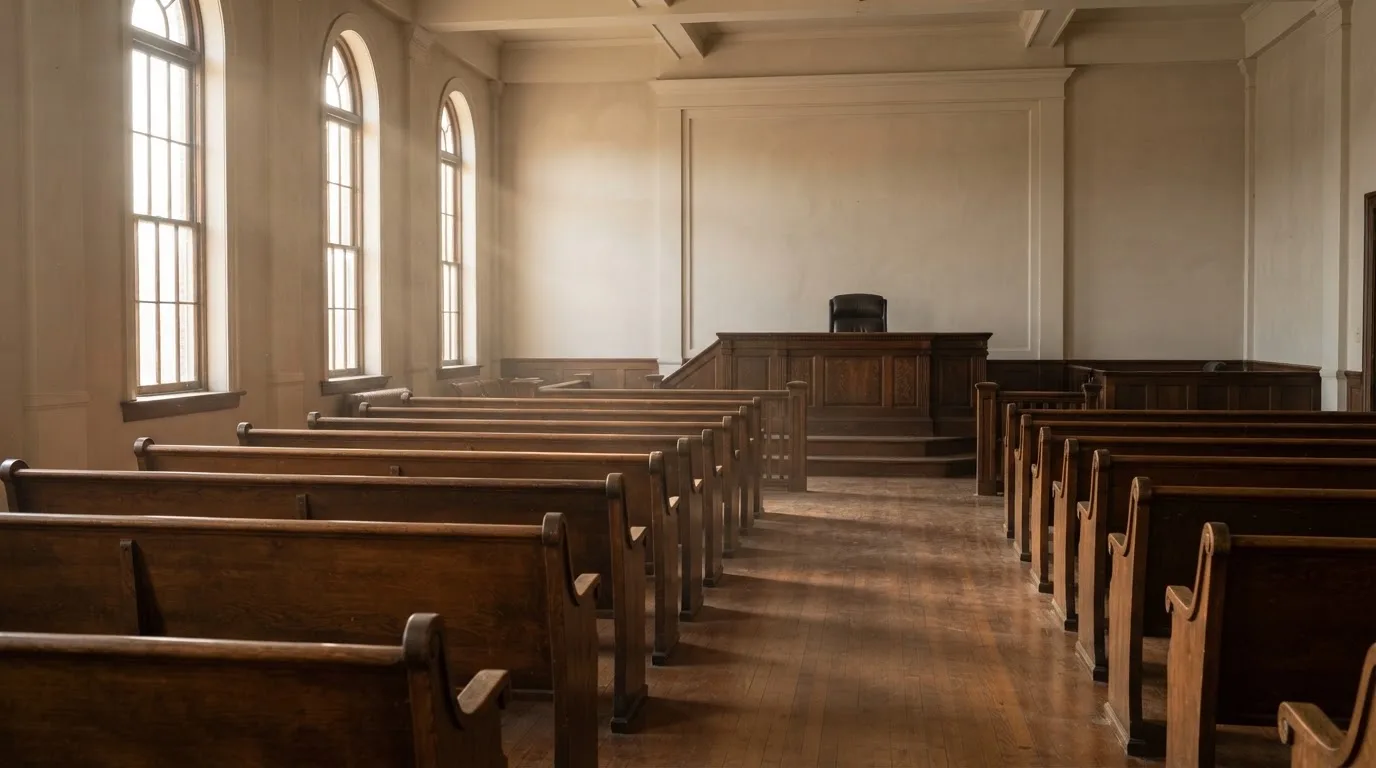 Una sala de tribunal vacía con bancos de madera a la luz de la mañana