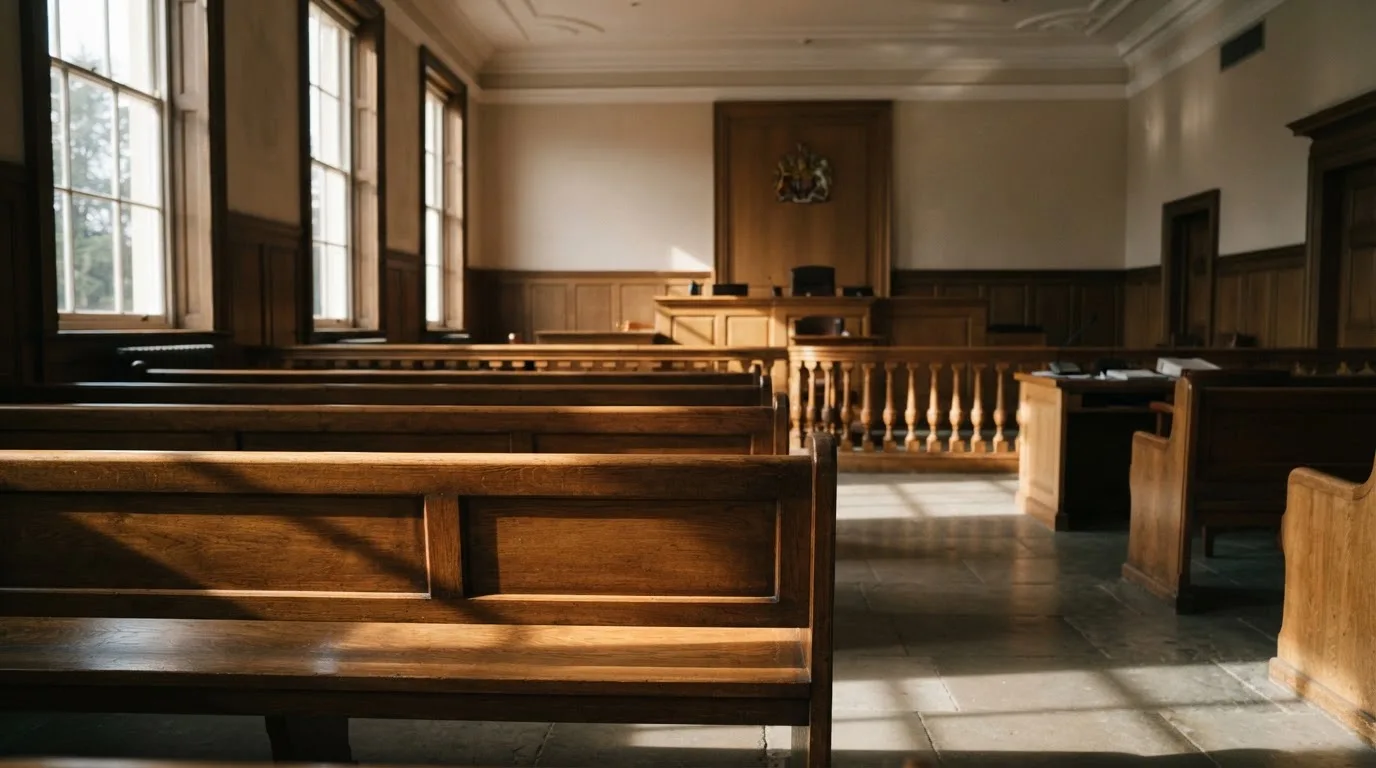 Una sala de tribunal vacía con bancos de madera a la luz de la mañana