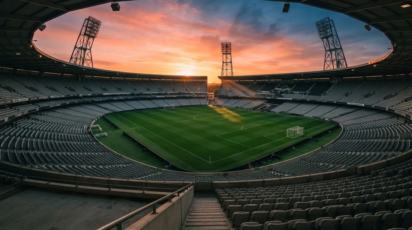 Un estadio de fútbol vacío con torres de iluminación al atardecer