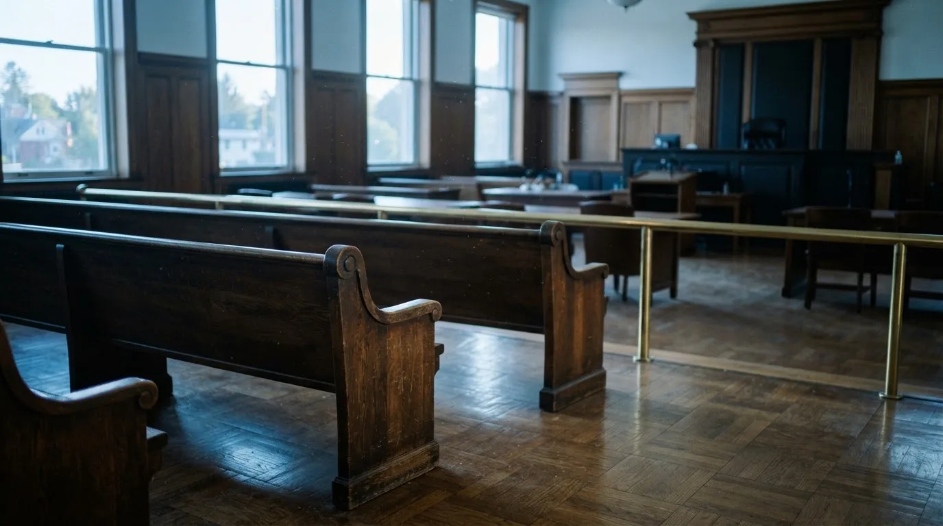 Una sala de tribunal vacía con bancos de madera a la luz de la mañana