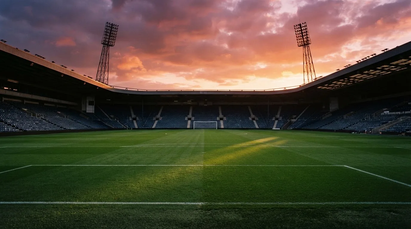 Un estadio de fútbol vacío con torres de iluminación al atardecer