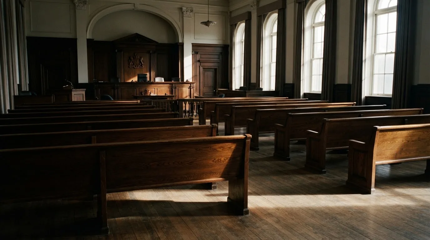 Una sala de tribunal vacía con bancos de madera a la luz de la mañana