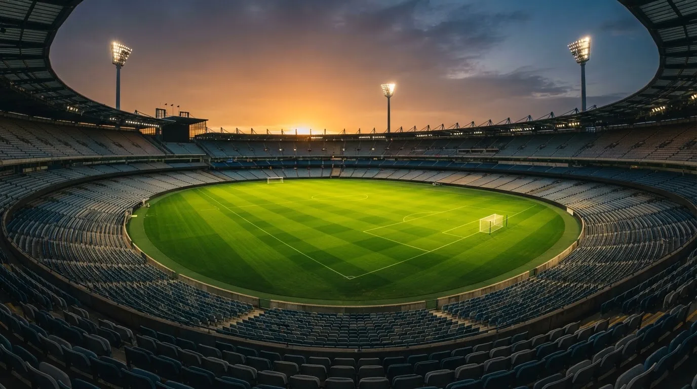 Un estadio de fútbol vacío con torres de iluminación al atardecer