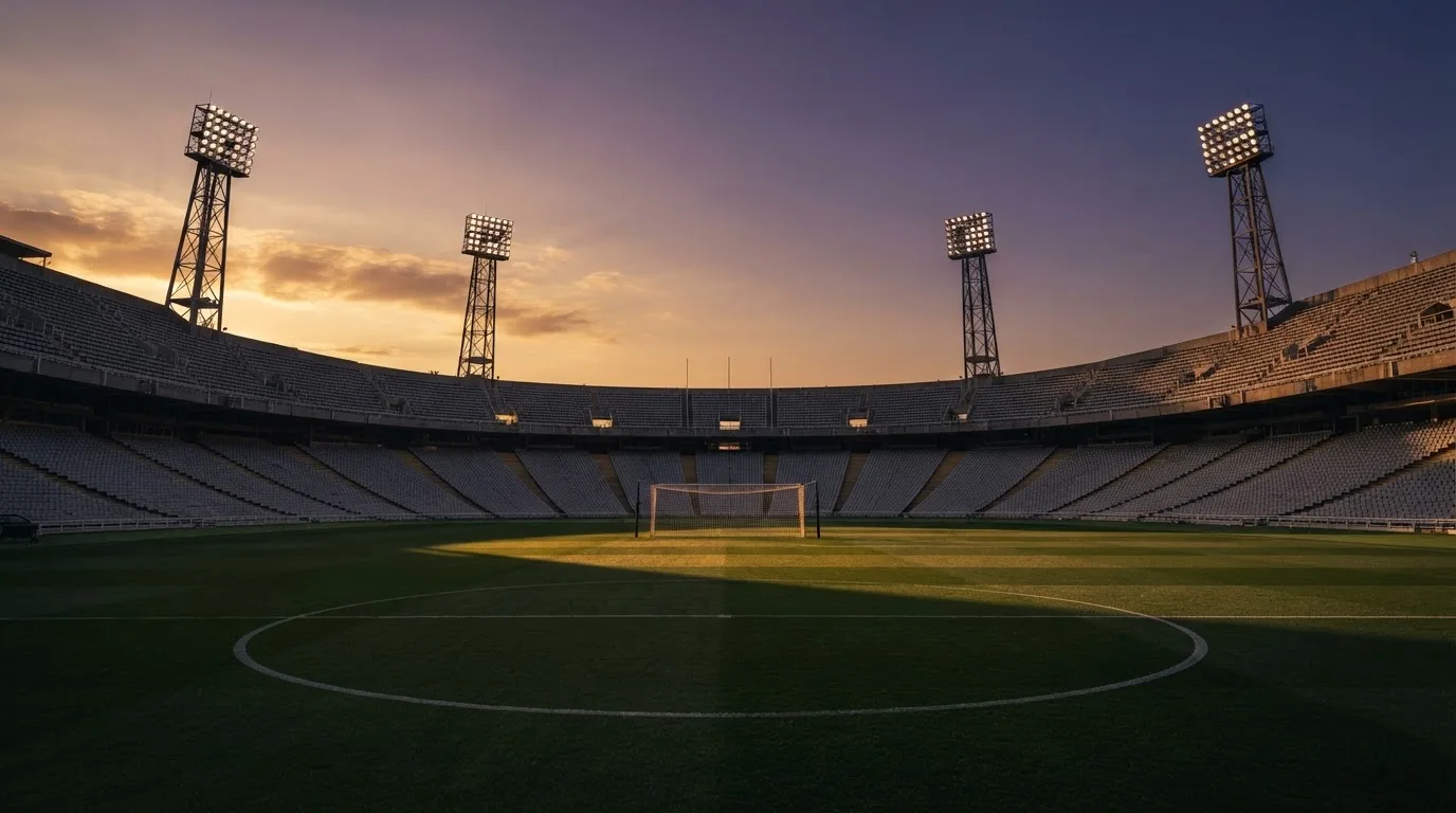 Un estadio de fútbol vacío con torres de iluminación al atardecer