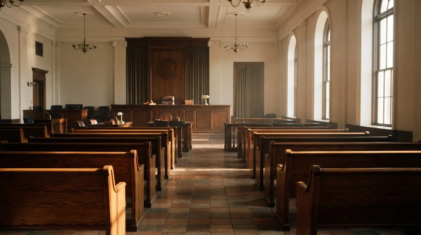 Una sala de tribunal vacía con bancos de madera a la luz de la mañana