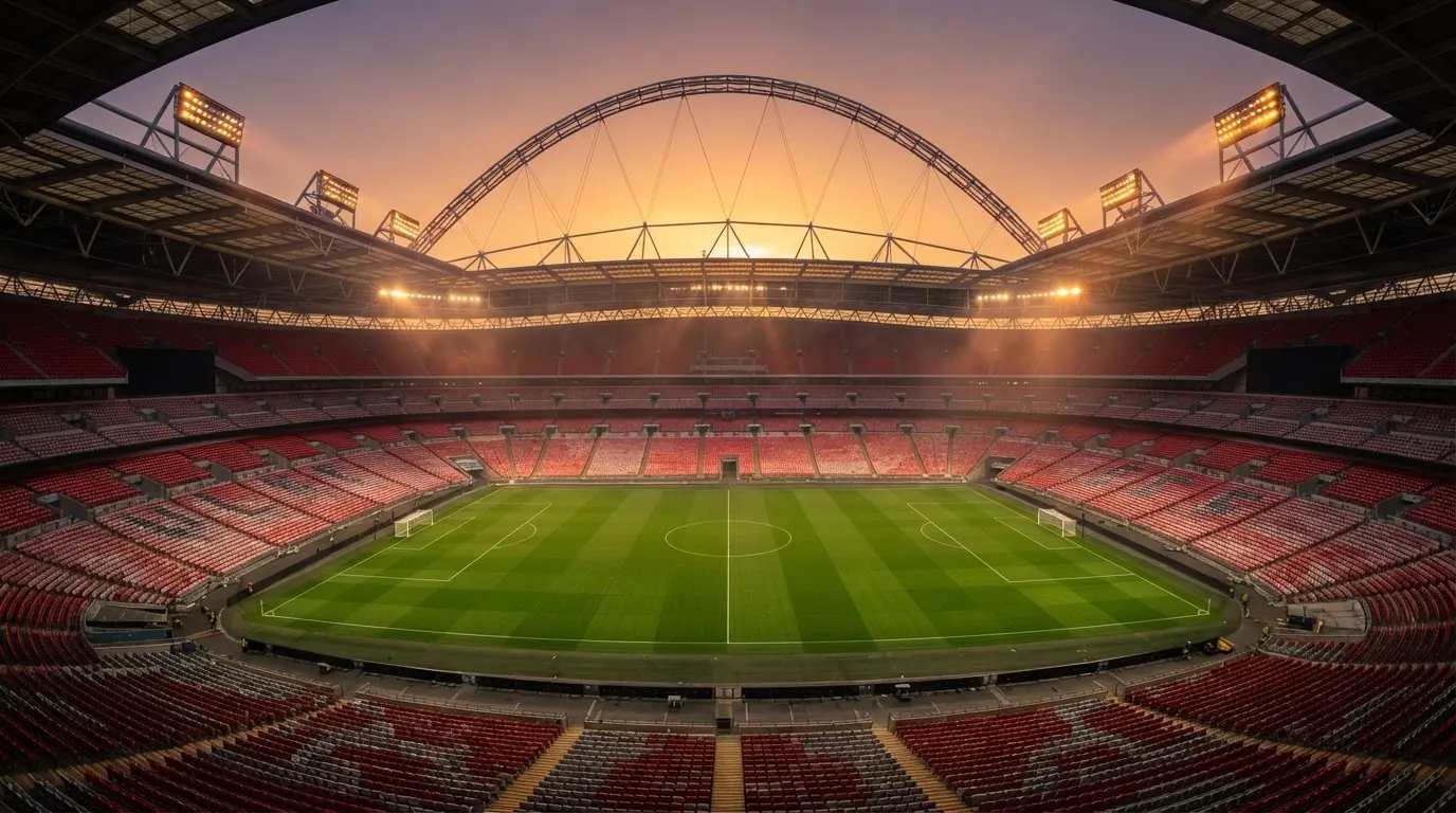 Un estadio de fútbol vacío con torres de iluminación al atardecer
