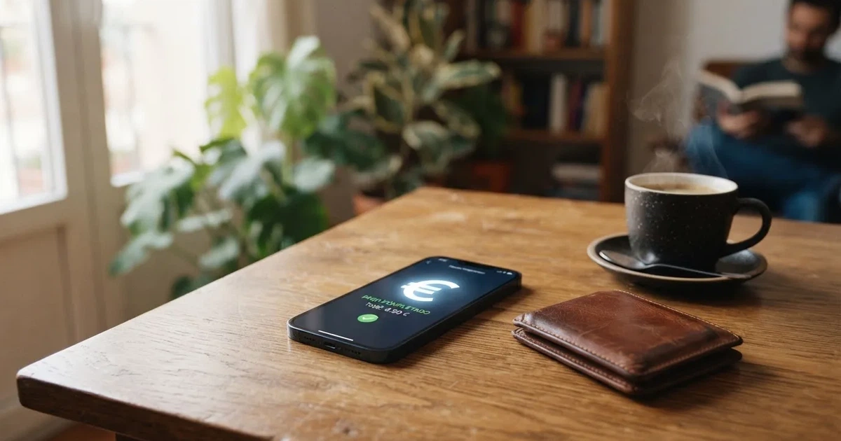 Un móvil sobre una mesa de madera junto a una cartera y una taza de café