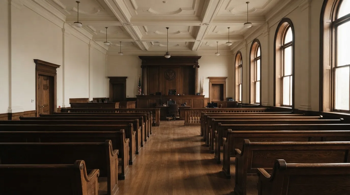Una sala de tribunal vacía con bancos de madera a la luz de la mañana