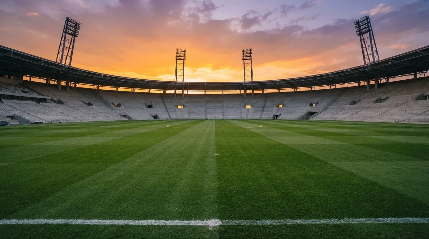 Un estadio de fútbol vacío con torres de iluminación al atardecer